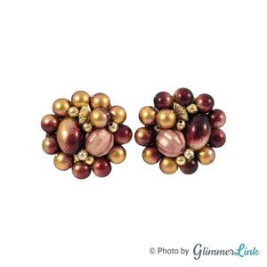 Vintage Hong Kong Brownish Red Beaded Cluster Gold Tone Clip On Earrings
